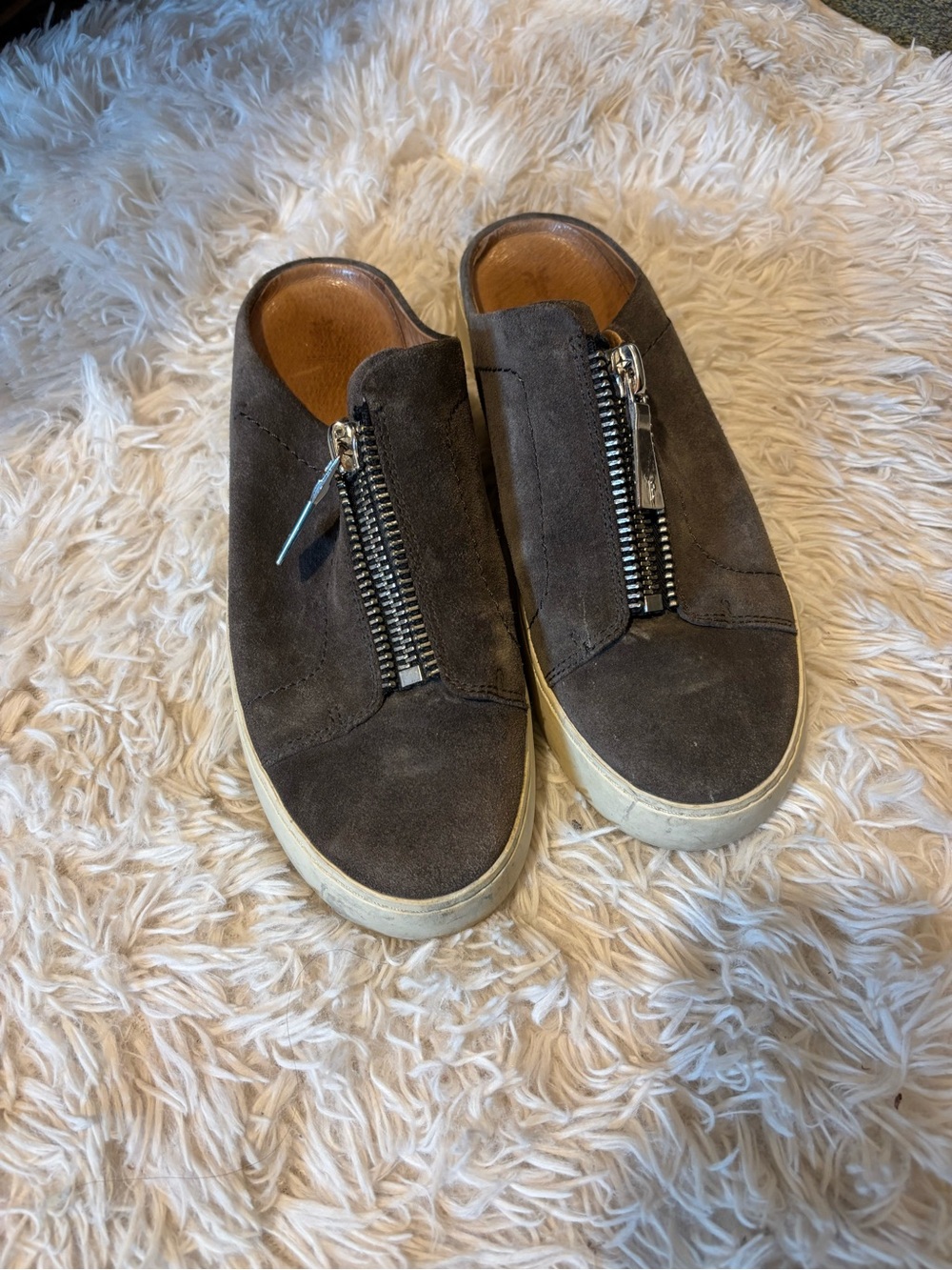 Frye Women's Suede Zip-Top Mules in Dark Brown and White